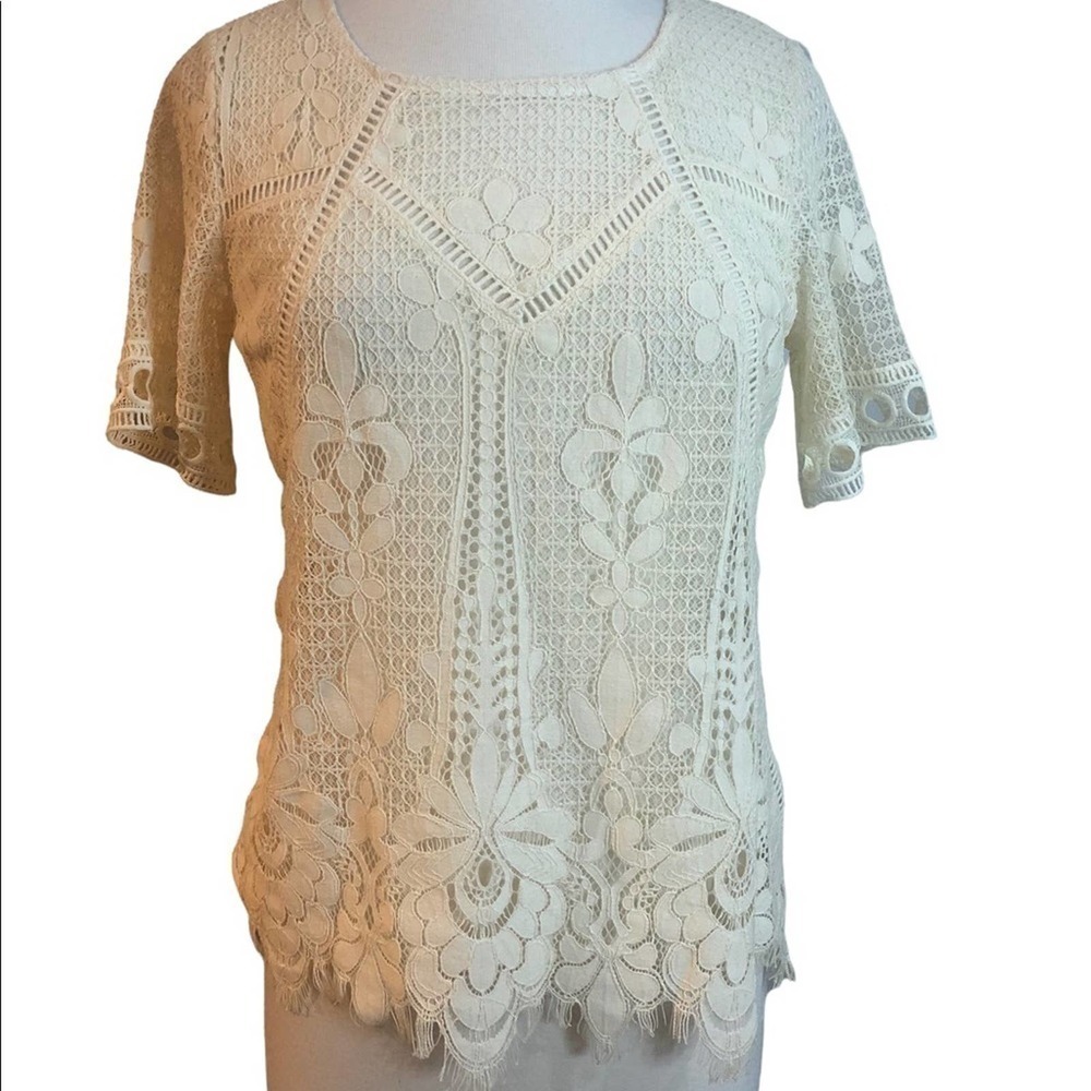 SKIES are Blue NWT Cream Lace Overlay Short Sleeve Blouse Size Small